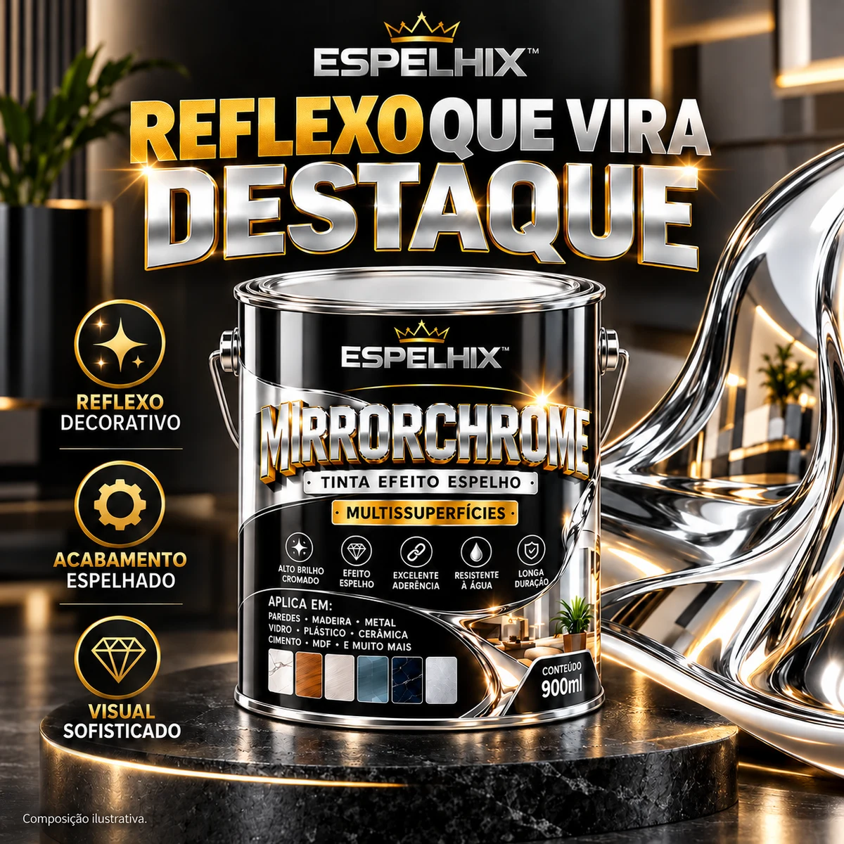 Detalhes de construção, materiais ou ajustes de MirrorChrome — Tinta Efeito Espelho